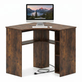Tangkula 90-Degree Triangle Corner Desk with Charging Station & Open Storage Shelves