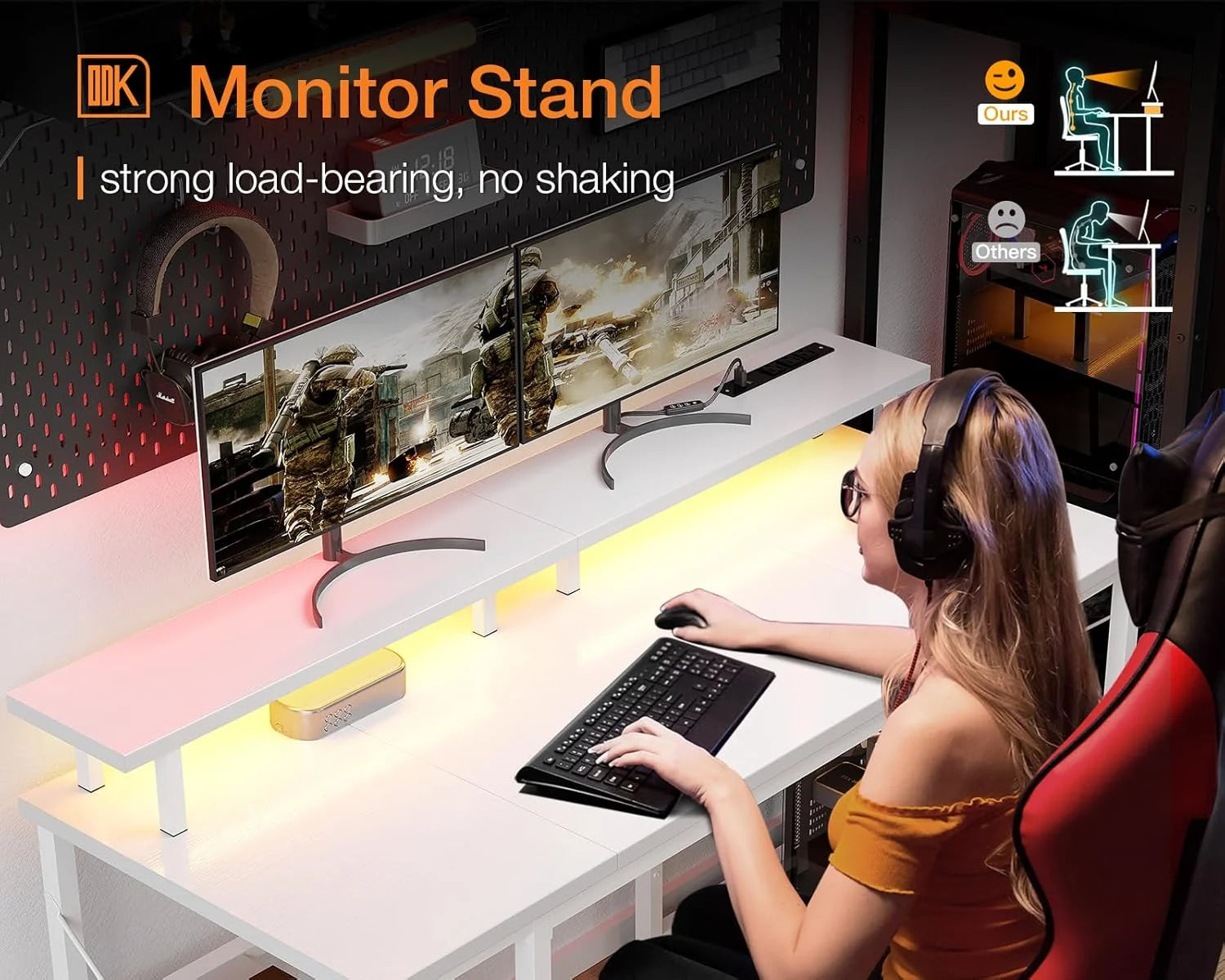 ODK 48 in Gaming Desk with LED Lights & Power Outlets, Computer Desk with Monitor Stand & Storage Shelves, CPU Stand, Home Office Desk, White