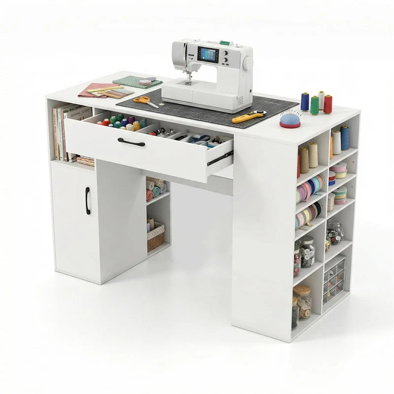 53" Counter Height Sewing Craft Table with 14 Storage Cubes, Large Drawer, Cabinet & Adjustable Shelf, 36" Artwork Workstation Drafting Writing Desk